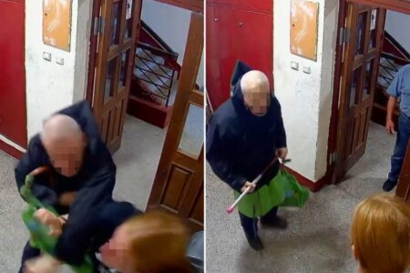 (ВИДЕО) СТРАШНО НАСИЛСТВО ВО БЕЛГРАД! Дедо претепа момче со тупаници и лопата во влезот на зградата